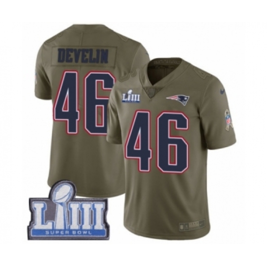 Men's Nike New England Patriots 46 James Develin Limited Olive 2017 Salute to Service Super Bowl LIII Bound NFL Jersey