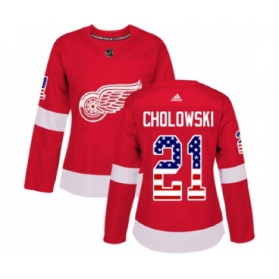 Women's Adidas Detroit Red Wings 21 Dennis Cholowski Authentic Red USA Flag Fashion NHL Jersey