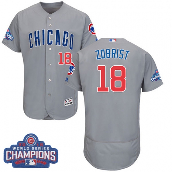 Men's Majestic Chicago Cubs 18 Ben Zobrist Grey 2016 World Series Champions Flexbase Authentic Collection MLB Jersey