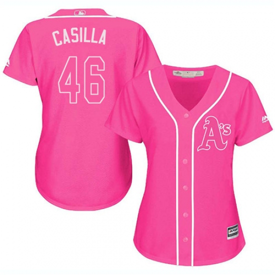 Women's Majestic Oakland Athletics 46 Santiago Casilla Replica Pink Fashion Cool Base MLB Jersey