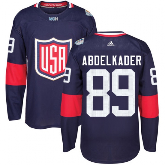 Youth Adidas Team USA 89 Justin Abdelkader Premier Navy Blue Away 2016 World Cup Ice Hockey Jersey