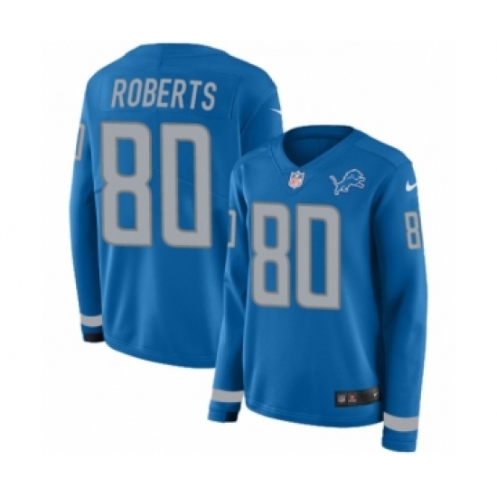 Women's Nike Detroit Lions 80 Michael Roberts Limited Blue Therma Long Sleeve NFL Jersey