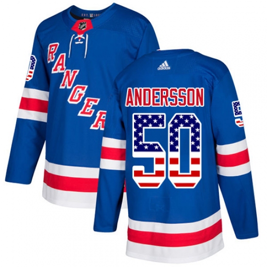 Men's Adidas New York Rangers 50 Lias Andersson Authentic Royal Blue USA Flag Fashion NHL Jersey