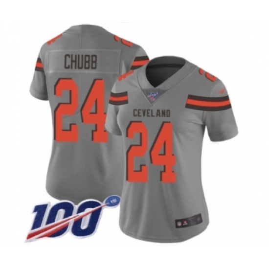 Women's Cleveland Browns 24 Nick Chubb Limited Gray Inverted Legend 100th Season Football Jersey