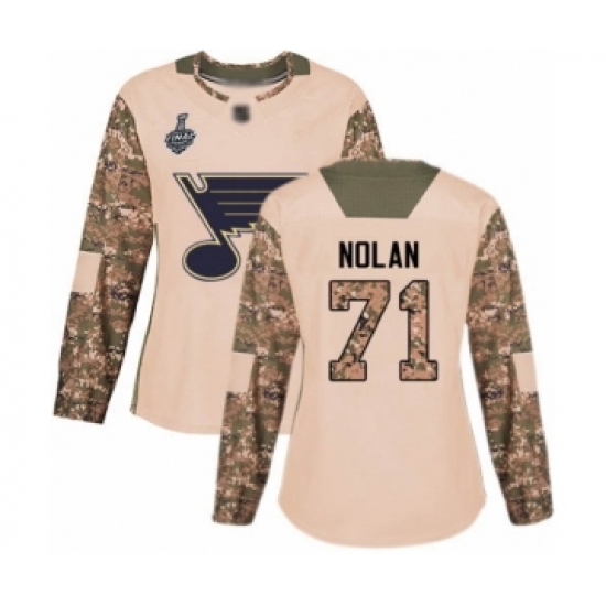 Women's St. Louis Blues 71 Jordan Nolan Authentic Camo Veterans Day Practice 2019 Stanley Cup Final Bound Hockey Jersey