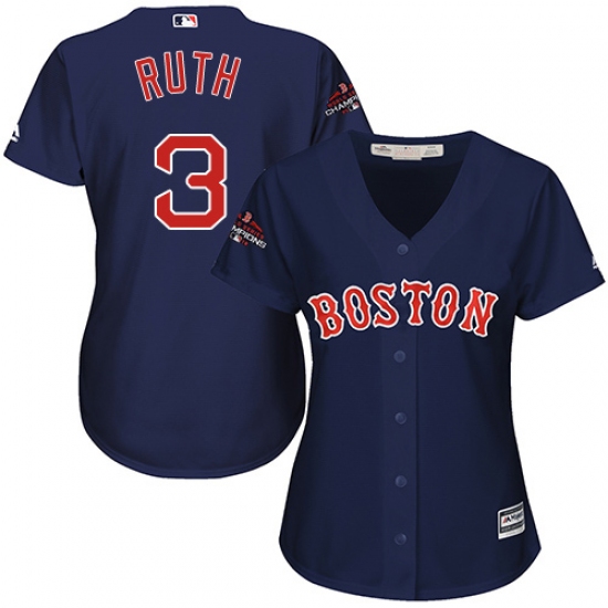 Women's Majestic Boston Red Sox 3 Babe Ruth Authentic Navy Blue Alternate Road 2018 World Series Champions MLB Jersey