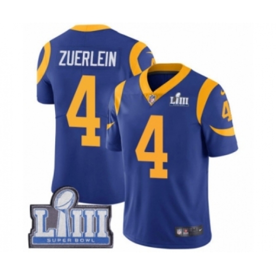 Youth Nike Los Angeles Rams 4 Greg Zuerlein Royal Blue Alternate Vapor Untouchable Limited Player Super Bowl LIII Bound NFL Jersey