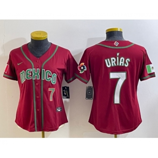 Women's Mexico Baseball 7 Julio Urias Number 2023 Red World Baseball Classic Stitched Jersey