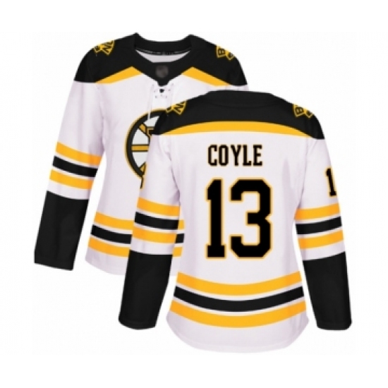 Women's Boston Bruins 13 Charlie Coyle Authentic White Away Hockey Jersey