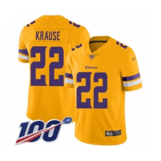 Men's Minnesota Vikings 22 Paul Krause Limited Gold Inverted Legend 100th Season Football Jersey