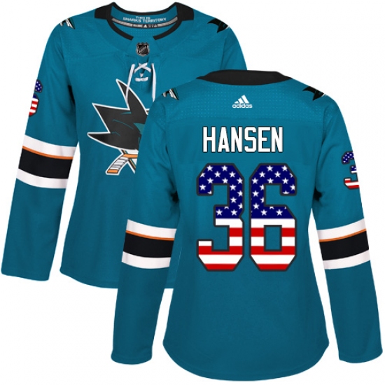 Women's Adidas San Jose Sharks 36 Jannik Hansen Authentic Teal Green USA Flag Fashion NHL Jersey