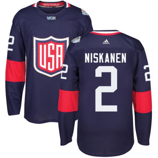 Men's Adidas Team USA 2 Matt Niskanen Authentic Navy Blue Away 2016 World Cup Ice Hockey Jersey