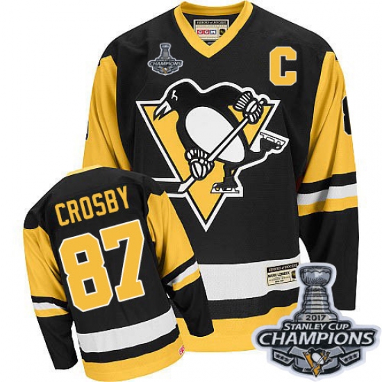 Men's CCM Pittsburgh Penguins 87 Sidney Crosby Premier Black Throwback 2017 Stanley Cup Champions NHL Jersey