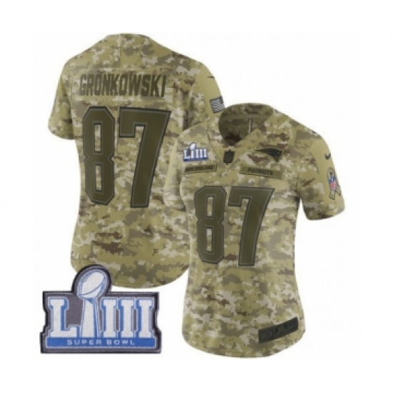 Women's Nike New England Patriots 87 Rob Gronkowski Limited Camo 2018 Salute to Service Super Bowl LIII Bound NFL Jersey