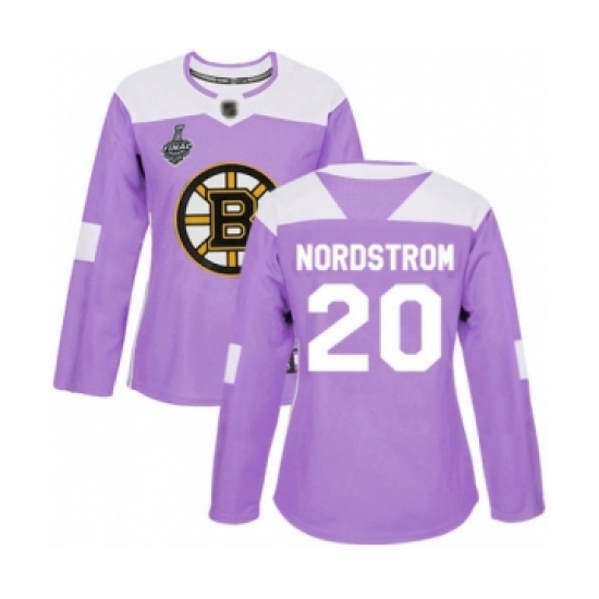 Women's Boston Bruins 20 Joakim Nordstrom Authentic Purple Fights Cancer Practice 2019 Stanley Cup Final Bound Hockey Jersey