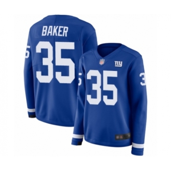 Women's New York Giants 35 Deandre Baker Limited Royal Blue Therma Long Sleeve Football Jersey