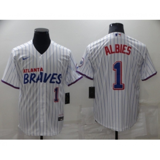 Men's Atlanta Braves 1 Ozzie Albies White 2021 City Connect Stitched MLB Cool Base Nike Jersey