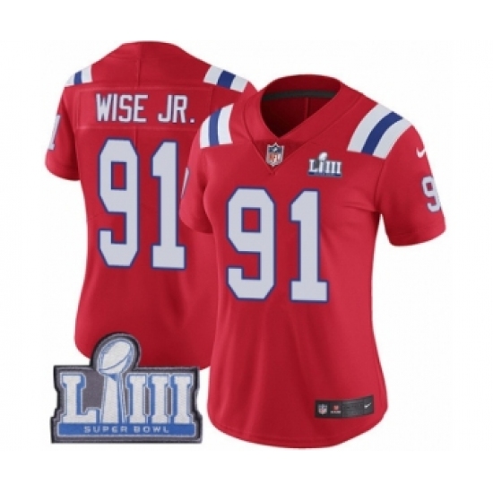 Women's Nike New England Patriots 91 Deatrich Wise Jr Red Alternate Vapor Untouchable Limited Player Super Bowl LIII Bound NFL Jersey