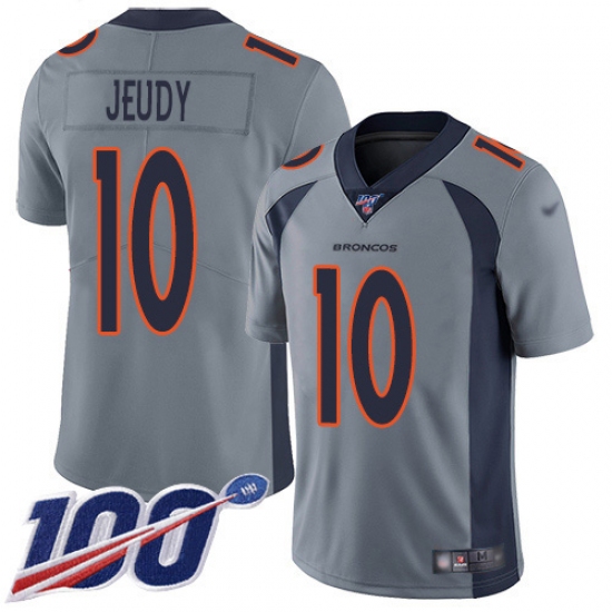 Men's Denver Broncos 10 Jerry Jeudy Gray Stitched Limited Inverted Legend 100th Season Jersey