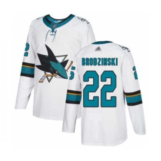 Youth San Jose Sharks 22 Jonny Brodzinski Authentic White Away Hockey Jersey