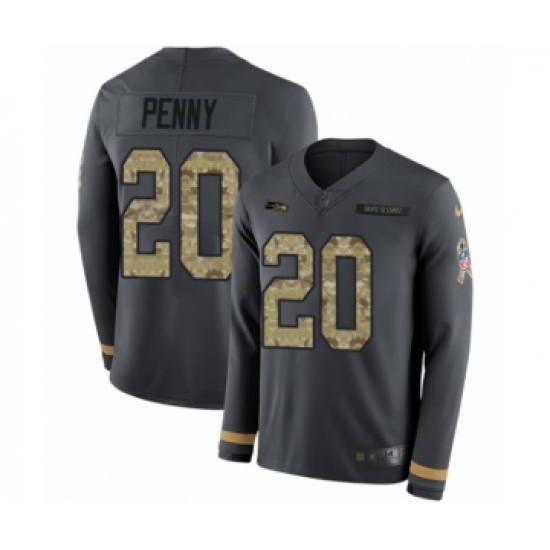 Men's Nike Seattle Seahawks 20 Rashaad Penny Limited Black Salute to Service Therma Long Sleeve NFL Jersey