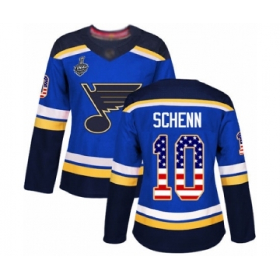 Women's St. Louis Blues 10 Brayden Schenn Authentic Blue USA Flag Fashion 2019 Stanley Cup Final Bound Hockey Jersey