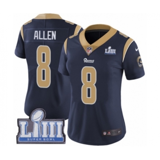 Women's Nike Los Angeles Rams 8 Brandon Allen Navy Blue Team Color Vapor Untouchable Limited Player Super Bowl LIII Bound NFL Jersey