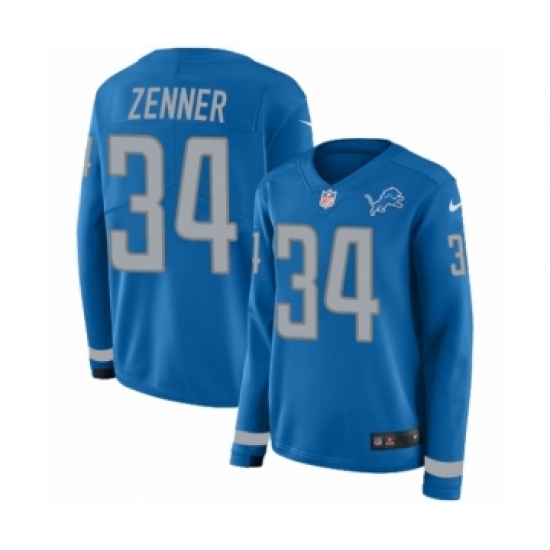 Women's Nike Detroit Lions 34 Zach Zenner Limited Blue Therma Long Sleeve NFL Jersey