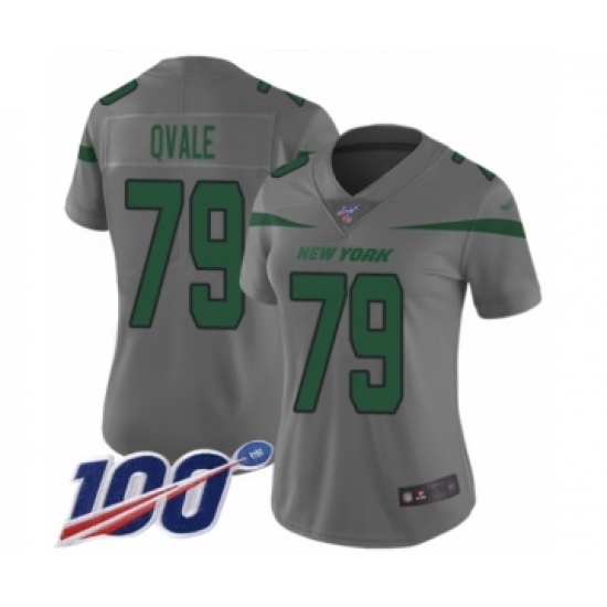 Women's New York Jets 79 Brent Qvale Limited Gray Inverted Legend 100th Season Football Jersey