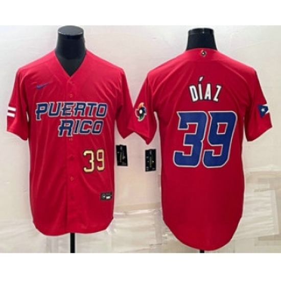 Men's Puerto Rico Baseball 39 Edwin Diaz Number 2023 Red World Baseball Classic Stitched Jerseys
