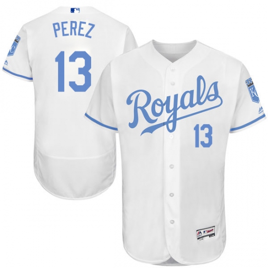 Men's Majestic Kansas City Royals 13 Salvador Perez Authentic White 2016 Father's Day Fashion Flex Base MLB Jersey