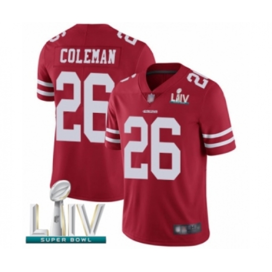 Youth San Francisco 49ers 26 Tevin Coleman Red Team Color Vapor Untouchable Limited Player Super Bowl LIV Bound Football Jersey