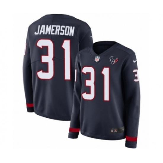 Women's Nike Houston Texans 31 Natrell Jamerson Limited Navy Blue Therma Long Sleeve NFL Jersey