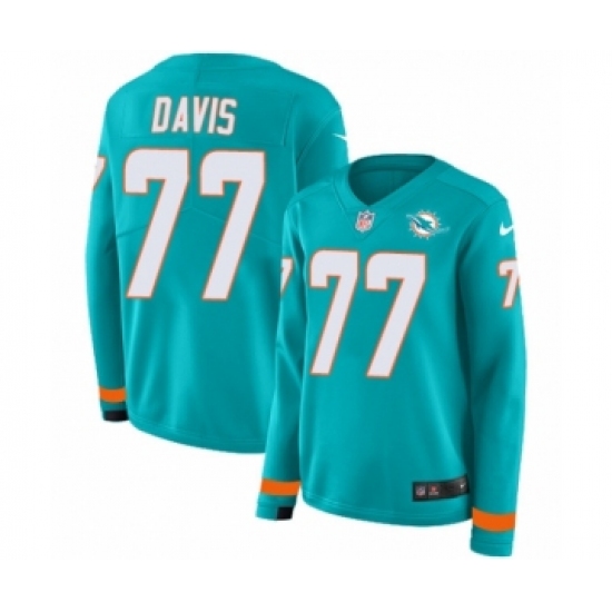 Women's Nike Miami Dolphins 77 Jesse Davis Limited Aqua Therma Long Sleeve NFL Jersey