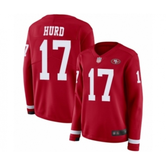 Women's San Francisco 49ers 17 Jalen Hurd Limited Red Therma Long Sleeve Football Jersey