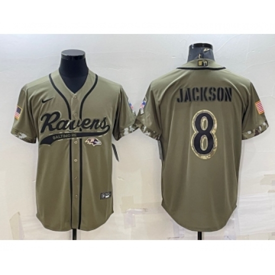 Men's Baltimore Ravens 8 Lamar Jackson Olive 2022 Salute to Service Cool Base Stitched Baseball Jersey