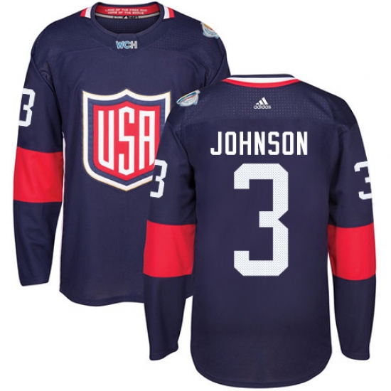 Youth Adidas Team USA 3 Jack Johnson Authentic Navy Blue Away 2016 World Cup Ice Hockey Jersey