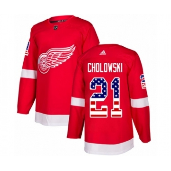 Youth Adidas Detroit Red Wings 21 Dennis Cholowski Authentic Red USA Flag Fashion NHL Jersey