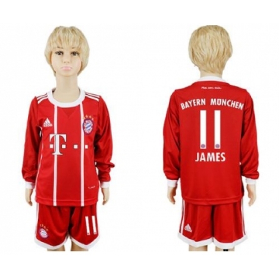 Bayern Munchen 11 James Home Long Sleeves Kid Soccer Club Jersey