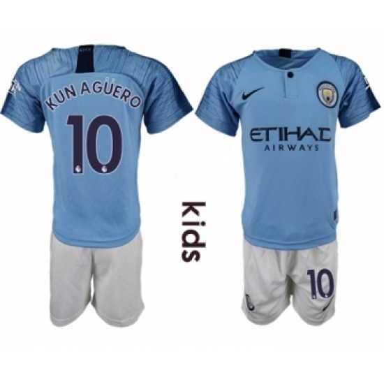 Manchester City 10 Kun Aguero Home Kid Soccer Club Jersey