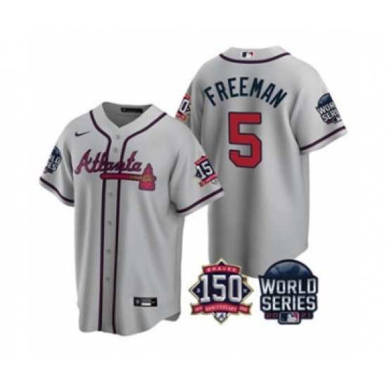 Men's Atlanta Braves 5 Freddie Freeman 2021 Gray World Series With 150th Anniversary Patch Cool Base Baseball Jersey