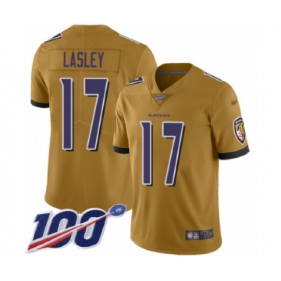 Men's Baltimore Ravens 17 Jordan Lasley Limited Gold Inverted Legend 100th Season Football Jersey