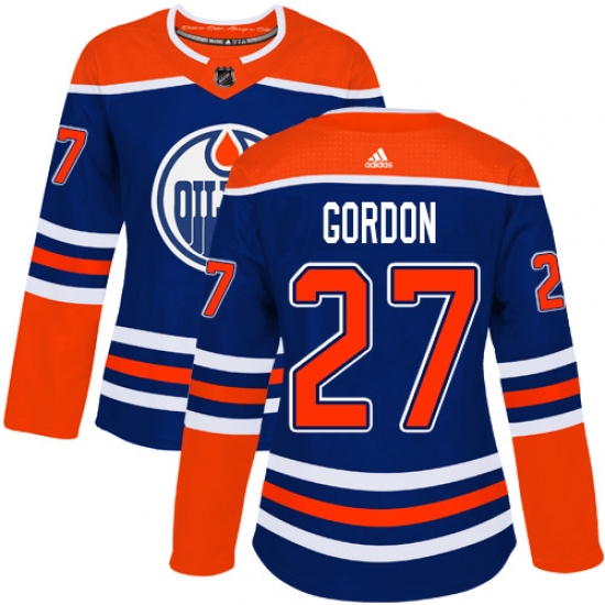 Women's Adidas Edmonton Oilers 27 Boyd Gordon Authentic Royal Blue Alternate NHL Jersey