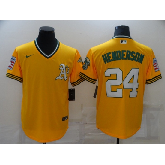 Men's Oakland Athletics 24 Rickey Henderson Gold Throwback Jersey