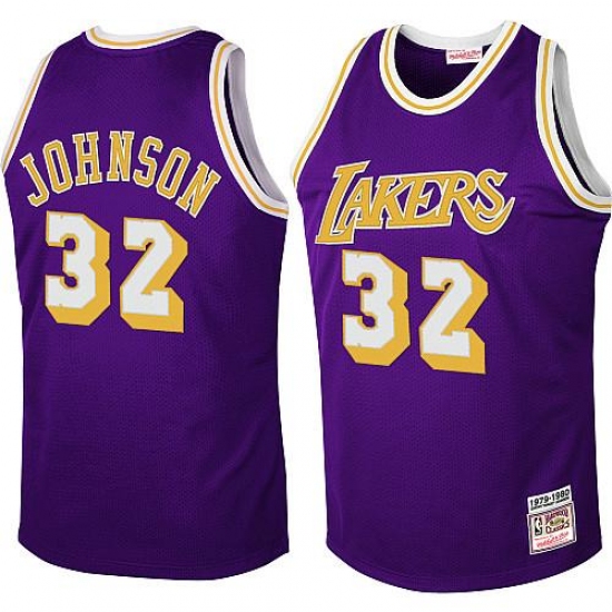 Men's Mitchell and Ness Los Angeles Lakers 32 Magic Johnson Authentic Purple Throwback NBA Jersey