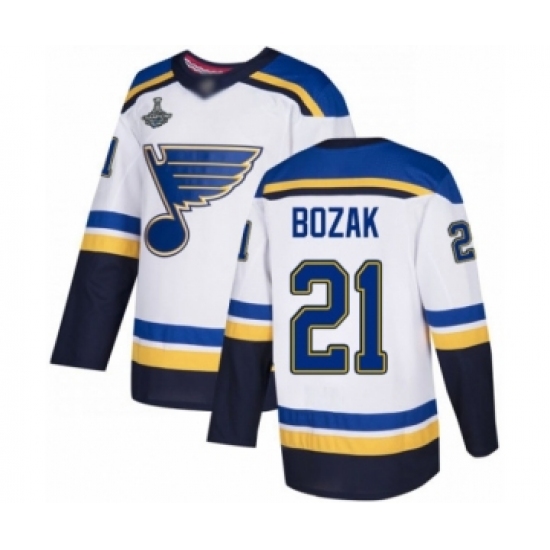 Men's St. Louis Blues 21 Tyler Bozak Authentic White Away 2019 Stanley Cup Champions Hockey Jersey