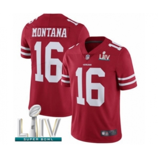 Youth San Francisco 49ers 16 Joe Montana Red Team Color Vapor Untouchable Limited Player Super Bowl LIV Bound Football Jersey