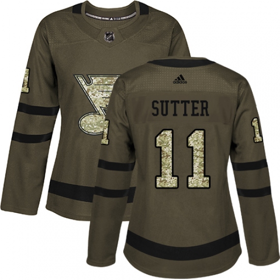 Women's Adidas St. Louis Blues 11 Brian Sutter Authentic Green Salute to Service NHL Jersey