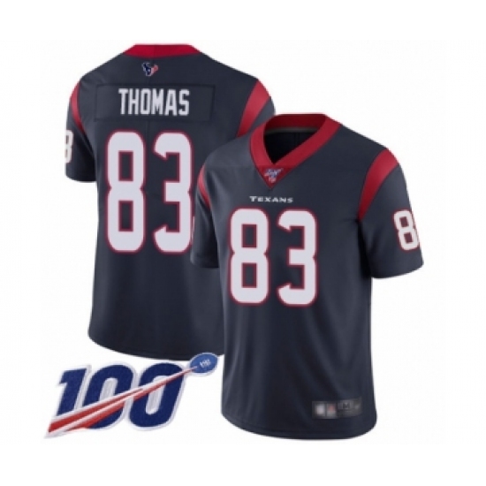 Men's Houston Texans 83 Jordan Thomas Navy Blue Team Color Vapor Untouchable Limited Player 100th Season Football Jersey