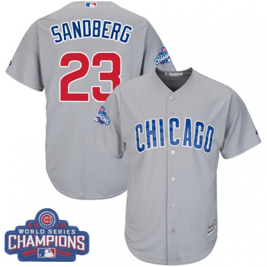 Youth Majestic Chicago Cubs 23 Ryne Sandberg Authentic Grey Road 2016 World Series Champions Cool Base MLB Jersey